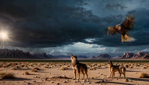 photo manipulation,photomanipulation,digital compositing,animal migration,fantasy picture,howling wolf,antelope,image manipulation,antelope squirrels,steppe eagle,wolves,photoshop manipulation,afghan hound,hunting dogs,desert buzzard,horsehead,flying dogs,animals hunting,capture desert,altiplano