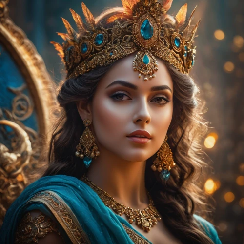 fantasy portrait,fantasy art,radha,diadem,golden crown,mystical portrait of a girl,cleopatra,lakshmi,indian woman,celtic queen,gold crown,priestess,east indian,fantasy picture,jaya,thracian,queen crown,indian bride,aladha,crowned,Photography,General,Fantasy