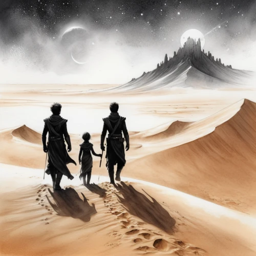 sci fiction illustration,sand road,viewing dune,dune sea,desert background,travelers,dune landscape,dune,the dawn family,sandstorm,shifting dune,sand dune,dune ridge,sand paths,shifting dunes,capture desert,guards of the canyon,footprints in the sand,post-apocalyptic landscape,children of war,Illustration,Black and White,Black and White 30