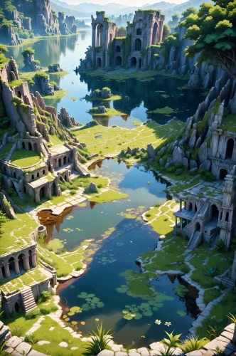 ancient city,fantasy landscape,meteora,karst landscape,ruins,the ancient world,world digital painting,background with stones,3d fantasy,fantasy picture,bastei,ancient,continents,the ruins of the,oasis,canyon,ancient buildings,virtual landscape,serengeti,castle ruins,Anime,Anime,General