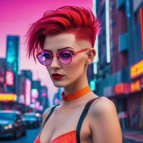 cyberpunk,pink glasses,cyber glasses,retro woman,mohawk,pompadour,color glasses,retro girl,neon,neon makeup,neon candies,neon arrows,80s,pink round frames,streampunk,retro women,punk,neon light,retro styled,eyewear,Conceptual Art,Sci-Fi,Sci-Fi 27