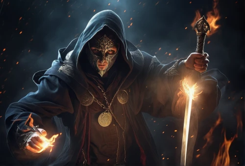 hooded man,grimm reaper,flickering flame,mage,torchlight,fire master,fire artist,summoner,dodge warlock,hooded,wizard,templar,magus,burning torch,reaper,game illustration,sorceress,undead warlock,fire background,igniter,Photography,General,Realistic