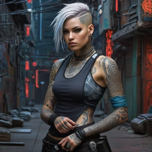 cyberpunk,tattoo girl,cyborg,punk,renegade,punk design,cable,kowloon city,sci fi,katana,mohawk,scifi,sci-fi,sci - fi,full hd wallpaper,dystopian,tattoos,tattoo artist,china town,sci fiction illustration,Illustration,Realistic Fantasy,Realistic Fantasy 07