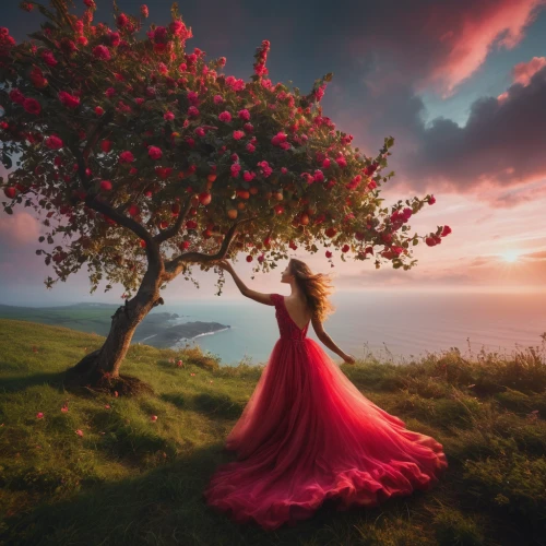 fantasy picture,enchanting,girl with tree,gracefulness,girl in a long dress,red gown,photo manipulation,fairytale,man in red dress,celtic woman,landscape rose,blossoming apple tree,way of the roses,the girl next to the tree,red tree,a fairy tale,enchanted,fairy tale,photomanipulation,scent of roses,Photography,General,Fantasy