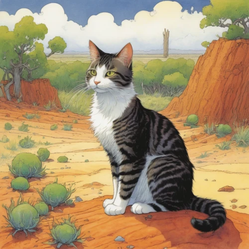 american wirehair,kurilian bobtail,american bobtail,domestic short-haired cat,caatinga,arabian mau,cat european,capricorn kitz,cat image,calico cat,cartoon cat,breed cat,aegean cat,catus,altiplano,japanese bobtail,cat cartoon,feral cat,desert background,felidae,Illustration,Realistic Fantasy,Realistic Fantasy 04