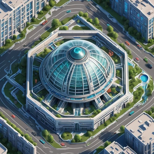 futuristic architecture,oval forum,musical dome,helipad,baku eye,granite dome,highway roundabout,tianjin,zhengzhou,skyscraper,stalin skyscraper,metropolis,glass building,round house,circle design,roof domes,sky space concept,capitol square,residential tower,hub,Unique,3D,Isometric