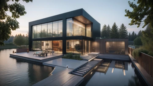 house by the water,modern house,house with lake,modern architecture,cubic house,floating huts,3d rendering,timber house,inverted cottage,pool house,luxury property,cube house,smart house,luxury real estate,cube stilt houses,eco-construction,smart home,wooden house,summer house,dunes house