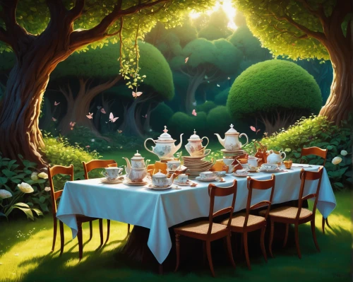 gnomes at table,tea party,tea service,alice in wonderland,tea party collection,mushroom landscape,afternoon tea,fairy forest,tearoom,high tea,enchanted forest,garden party,hans christian andersen,outdoor dining,children's fairy tale,fine dining restaurant,fantasy picture,tea garden,table setting,tablescape,Conceptual Art,Fantasy,Fantasy 21