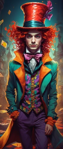 hatter,ringmaster,magician,gambler,rodeo clown,game illustration,creepy clown,horror clown,scary clown,joker,transistor,trickster,clown,banker,masquerade,abracadabra,jester,dodge warlock,harlequin,ledger,Conceptual Art,Fantasy,Fantasy 21