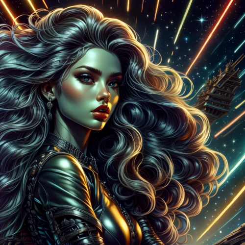 sci fiction illustration,the enchantress,fantasy art,cg artwork,fantasy portrait,queen of the night,fantasy woman,sorceress,space art,sci fi,burning hair,colorful foil background,transistor,andromeda,birds of prey-night,scarlet witch,fireworks art,world digital painting,sparkler,solar wind