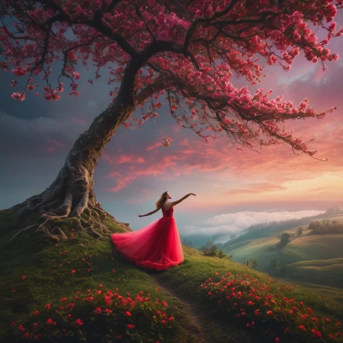 fantasy picture,a fairy tale,fairy tale,girl with tree,fairytale,red tree,red gown,dream world,idyll,landscape red,children's fairy tale,wonderland,the girl next to the tree,ballerina in the woods,landscape background,enchanting,red cape,man in red dress,landscape rose,red sky,Photography,General,Fantasy