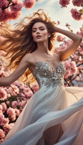 bridal clothing,wedding dresses,gracefulness,spring background,bridal dress,wedding gown,springtime background,scent of roses,spring blossom,sun bride,flower wall en,femininity,scent of jasmine,girl in flowers,fairy queen,flower fairy,wedding dress,image manipulation,splendor of flowers,falling flowers,Photography,General,Realistic