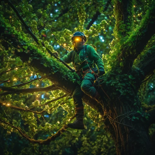 arborist,forest man,tree man,tree pruning,tree torch,farmer in the woods,tree swing,hanging elves,treetop,green tree,tree top,tree lights,climbing helmet,magic tree,tree house,forest workers,wood elf,green aurora,lamplighter,enchanted forest,Photography,General,Fantasy