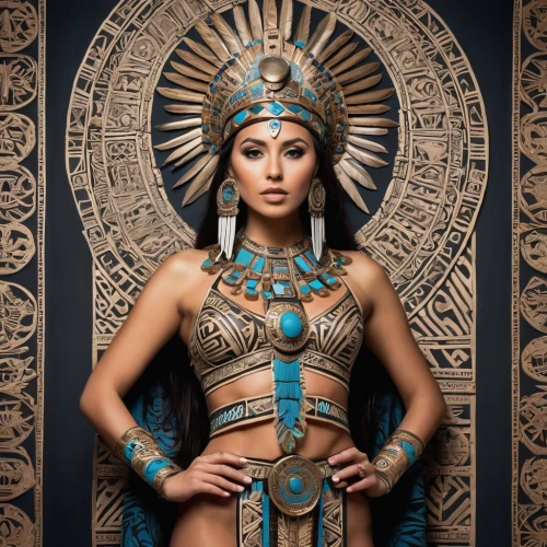 ancient egyptian girl,cleopatra,warrior woman,egyptian,pharaonic,indian headdress,ancient egyptian,priestess,headdress,shamanic,ancient egypt,ancient costume,peruvian women,horus,aztec,tutankhamen,pocahontas,tutankhamun,american indian,native american,Illustration,Realistic Fantasy,Realistic Fantasy 42