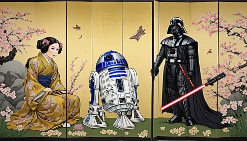 starwars,japanese icons,droids,star wars,japanese culture,japanese art,japanese sakura background,oriental painting,cool woodblock images,rots,geisha,r2d2,japanese style,overtone empire,tea ceremony,kimonos,hanbok,japanese floral background,boba,imperial,Illustration,Japanese style,Japanese Style 18