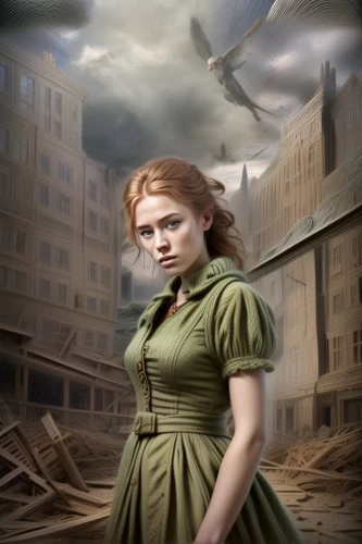 little girl in wind,photo manipulation,girl in a historic way,sci fiction illustration,digital compositing,girl with gun,image manipulation,warsaw uprising,photomanipulation,stalingrad,fantasy picture,world digital painting,joan of arc,photoshop manipulation,flying girl,girl with a gun,dove of peace,angels of the apocalypse,woman holding gun,girl with a wheel