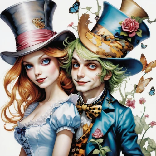 alice in wonderland,fairytale characters,hatter,the carnival of venice,fairy tale character,wonderland,children's fairy tale,fairy tale,fairy tales,alice,joint dolls,fantasy art,fairy tale icons,boy and girl,vintage boy and girl,beautiful couple,antasy,young couple,prince and princess,vanessa (butterfly),Illustration,Abstract Fantasy,Abstract Fantasy 11