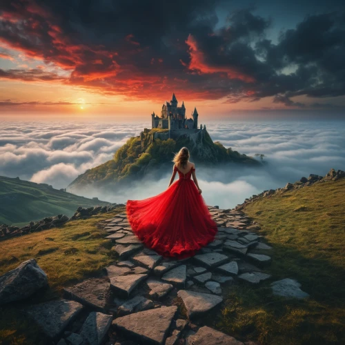 red cape,fantasy picture,red gown,man in red dress,celtic woman,fairy tale,a fairy tale,castles,red tunic,fairytale castle,fairytale,girl in red dress,red coat,ruined castle,ireland,fantasy landscape,celtic queen,fairy tale castle,mont saint michel,above the clouds,Photography,General,Fantasy