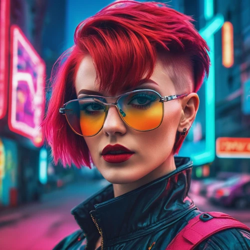 cyberpunk,retro woman,retro girl,cyber glasses,retro styled,retro look,pompadour,80s,retro style,retro women,punk,color glasses,neon,futuristic,harley,transistor,mohawk,renegade,retro background,neon arrows,Conceptual Art,Sci-Fi,Sci-Fi 27