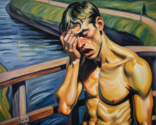 narcissus,crying man,david bates,man at the sea,oil on canvas,anguish,narcissus of the poets,rower,child crying,oil painting,rowing channel,self-portrait,oil paint,swimmer,coxswain,the man in the water,el mar,painting technique,self portrait,boathouse,Illustration,Paper based,Paper Based 08