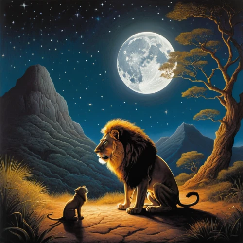 lion with cub,the lion king,lion king,two lion,lion father,lions couple,lion children,monkey with cub,forest king lion,panthera leo,lions,african lion,lion,king of the jungle,little lion,night scene,monkey island,she feeds the lion,lion - feline,lionesses,Illustration,Realistic Fantasy,Realistic Fantasy 05