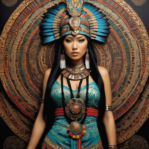ancient egyptian girl,cleopatra,priestess,shamanic,ancient egyptian,ancient egypt,warrior woman,pharaonic,shamanism,indian headdress,oriental princess,egyptian,oriental girl,orientalism,peruvian women,headdress,ancient people,horus,the aztec calendar,aztec,Illustration,Japanese style,Japanese Style 18