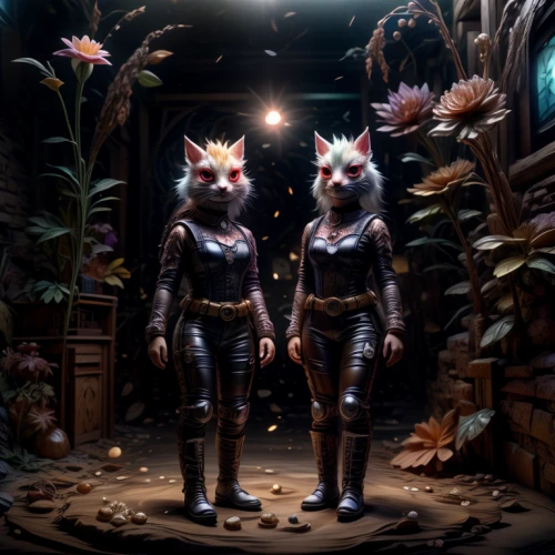 foxes,garden-fox tail,two wolves,the wolf pit,wolves,3d fantasy,digital compositing,anthropomorphized animals,parallel worlds,kit fox,photomanipulation,raccoons,mirror of souls,concept art,meridians,3d render,wolf couple,diorama,mirrors,streampunk