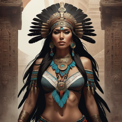ancient egyptian girl,cleopatra,warrior woman,ancient egyptian,ancient egypt,pharaonic,egyptian,horus,priestess,female warrior,shamanic,aztec,tribal chief,headdress,indian headdress,pharaohs,pocahontas,ancient people,pharaoh,american indian,Conceptual Art,Fantasy,Fantasy 11