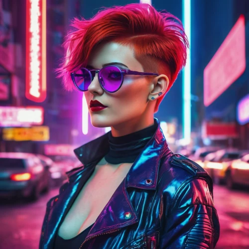 cyberpunk,retro woman,80s,punk,pompadour,cyber glasses,neon lights,neon light,retro girl,neon,mohawk,retro styled,pixie-bob,color glasses,ultraviolet,femme fatale,colorful background,neon arrows,retro women,persona,Conceptual Art,Sci-Fi,Sci-Fi 27