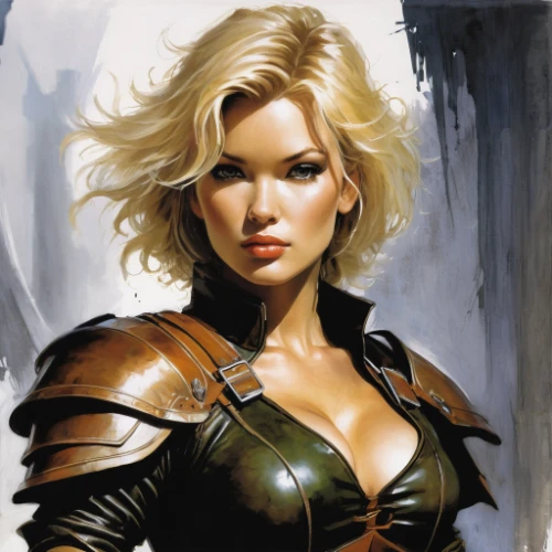 female warrior,heroic fantasy,huntress,breastplate,fantasy woman,swordswoman,fantasy portrait,femme fatale,massively multiplayer online role-playing game,fantasy art,cuirass,warrior woman,blonde woman,sorceress,sci fiction illustration,fantasy warrior,the enchantress,the blonde in the river,charlize theron,head woman