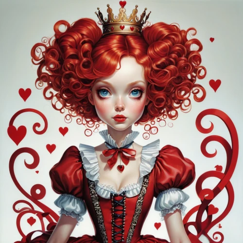 queen of hearts,redhead doll,red heart,valentine pin up,valentine day's pin up,heart with crown,red-haired,lady in red,red head,fairy tale character,raggedy ann,victorian lady,marionette,red apple,cupido (butterfly),red-hot polka,alice,redheads,fairytale characters,painter doll,Illustration,Abstract Fantasy,Abstract Fantasy 11