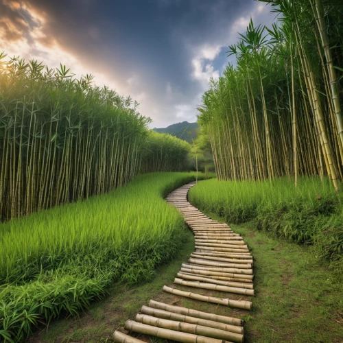 bamboo forest,bamboo plants,hiking path,bamboo,hawaii bamboo,rice field,wooden path,rice fields,the rice field,japan landscape,green landscape,pathway,the mystical path,tree lined path,landscape photography,ricefield,aaa,rice terrace,the way of nature,rice paddies,Photography,General,Realistic