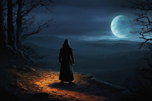 fantasy picture,moonlit night,the mystical path,the night of kupala,moonlit,blue moon,world digital painting,the wanderer,landscape background,light of night,sleepwalker,moonlight,night scene,grimm reaper,night watch,hooded man,sci fiction illustration,dark art,wanderer,gothic woman,Conceptual Art,Fantasy,Fantasy 20