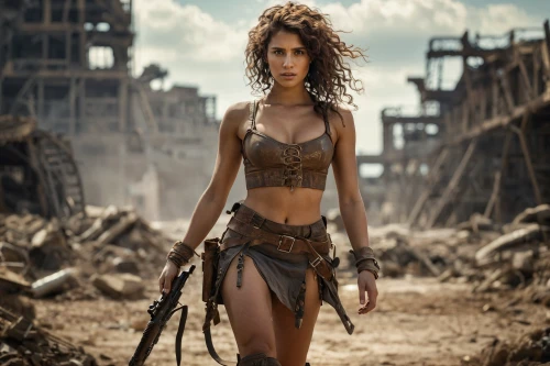 post apocalyptic,warrior woman,steampunk,female warrior,wonder woman city,huntress,hard woman,mad max,wonderwoman,wonder woman,girl with gun,wasteland,lara,strong woman,fantasy warrior,barb wire,girl with a gun,destroyed city,cave girl,the enchantress