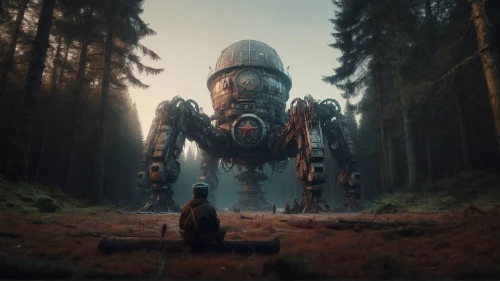 sci fiction illustration,photomanipulation,mech,digital compositing,mecha,sci fi,photo manipulation,the wanderer,sci-fi,sci - fi,droid,scifi,district 9,wanderer,traveller,photoshop manipulation,forest walk,forest man,encounter,bb8-droid