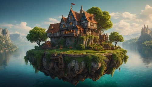 house with lake,fairy tale castle,water castle,fairytale castle,fantasy landscape,3d fantasy,floating island,house by the water,fantasy picture,fantasy world,beautiful home,witch's house,floating islands,fantasy art,house in the forest,house of the sea,flying island,home landscape,fairy tale,fairy village,Photography,General,Fantasy