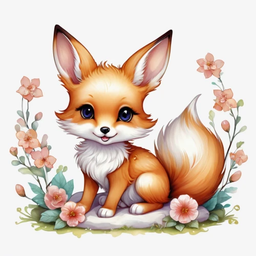 cute fox,little fox,adorable fox,child fox,a fox,garden-fox tail,fox,redfox,red fox,fennec,desert fox,kit fox,swift fox,watercolour fox,flower animal,springtime background,foxes,flower background,blossom kitten,fennec fox,Illustration,Abstract Fantasy,Abstract Fantasy 11