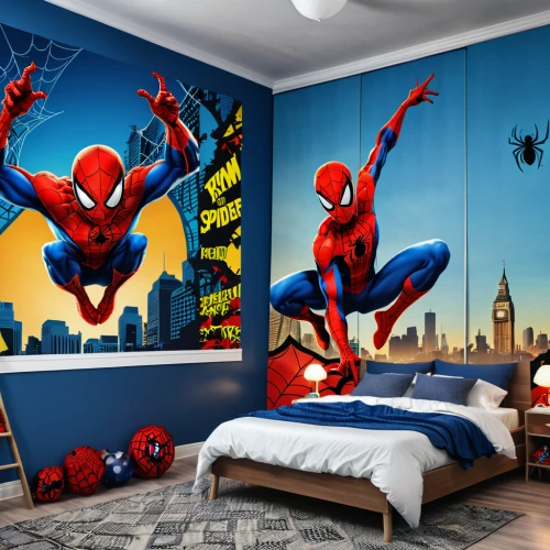boy's room picture,wall sticker,spiderman,spider man,wall decoration,spider-man,kids room,wall painting,wall decor,wall paint,children's bedroom,wall art,superhero background,duvet cover,great room,sleeping room,marvel comics,painted wall,nursery decoration,children's room,Photography,General,Realistic