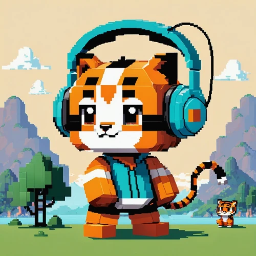 pixel art,a tiger,tiger,tiger cub,game art,tiger cat,headphone,tigerle,red panda,retro music,tiger head,8bit,pixel,chestnut tiger,pixel cube,listening to music,pubg mascot,young tiger,asian tiger,red tabby,Unique,Pixel,Pixel 01