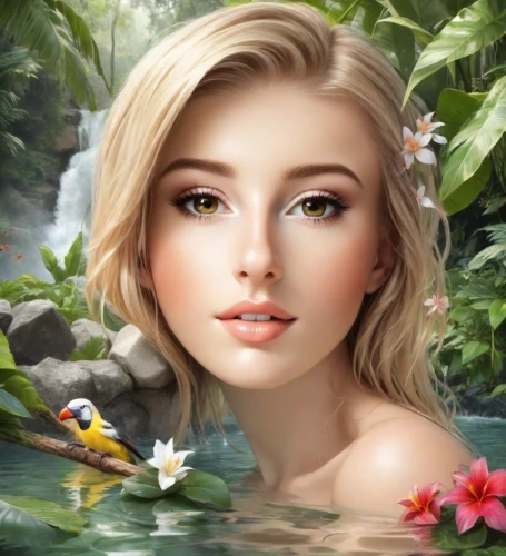 the blonde in the river,natural cosmetic,natural cosmetics,fantasy portrait,girl on the river,world digital painting,romantic portrait,water nymph,fantasy picture,beautiful girl with flowers,mermaid background,natura,romantic look,portrait background,beauty face skin,fantasy art,magnolia,faery,tropical floral background,girl in flowers