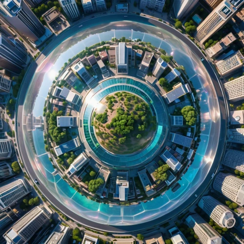 lensball,spherical image,macroperspective,futuristic architecture,glass sphere,360 ° panorama,vertigo,360 °,spherical,smart city,torus,metropolis,panopticon,futuristic landscape,futuristic,circular,little planet,aerial landscape,utopian,urban design,Photography,General,Realistic