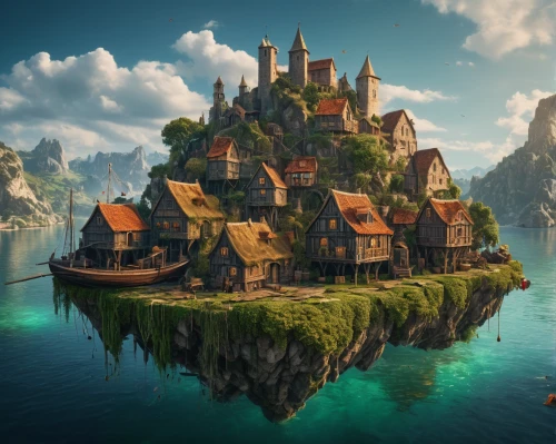 fantasy landscape,house with lake,floating huts,house by the water,floating island,floating islands,3d fantasy,fantasy picture,mountain settlement,water castle,house of the sea,island of juist,an island far away landscape,fantasy city,flying island,fantasy art,fairy tale castle,fantasy world,popeye village,artificial island,Photography,General,Fantasy