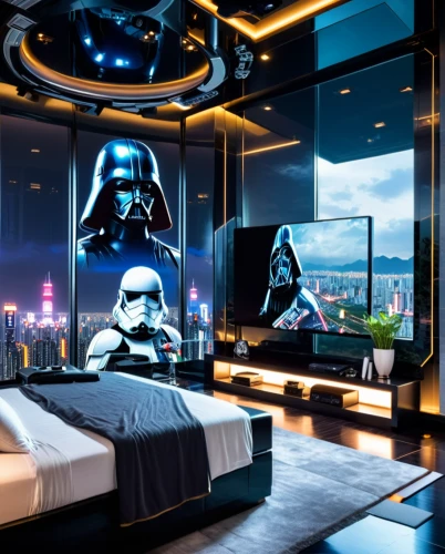 great room,sleeping room,luxury hotel,home cinema,hotel room,modern room,hotel rooms,luxury suite,penthouse apartment,hotelroom,hotel w barcelona,empire,boy's room picture,luxury,imperial,guest room,millenium falcon,home theater system,darth vader,sky apartment,Conceptual Art,Sci-Fi,Sci-Fi 10