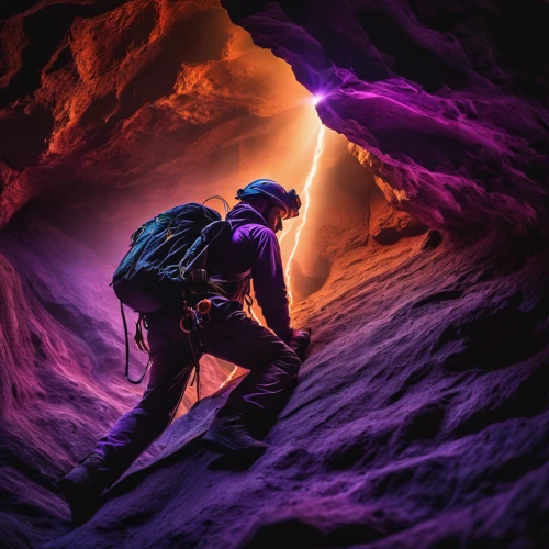 caving,lava tube,cave tour,lava cave,descent,mountain guide,lava dome,explore,wall,explorer,climbing helmet,canyoning,volcanism,chasm,ultraviolet,lava,sport climbing helmets,volcanic,purple landscape,fissure vent,Photography,General,Fantasy