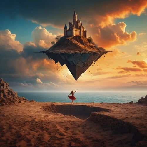 fantasy picture,photo manipulation,photomanipulation,3d fantasy,fantasy art,pyramids,surrealism,digital compositing,photoshop manipulation,red cape,image manipulation,equilibrium,surrealistic,triangles background,equilibrist,flying carpet,imagination,world digital painting,the ethereum,floating island,Photography,General,Fantasy