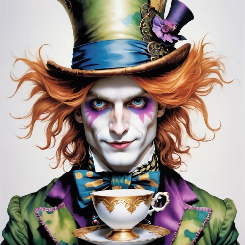 hatter,ringmaster,alice in wonderland,joker,teacup,tea cup fella,the coffee,latte art,cup coffee,tea cup,cup of tea,cups of coffee,tea time,cup of coffee,magician,teatime,tea party,coffeemaker,halloween coffee,cup,Illustration,Abstract Fantasy,Abstract Fantasy 11