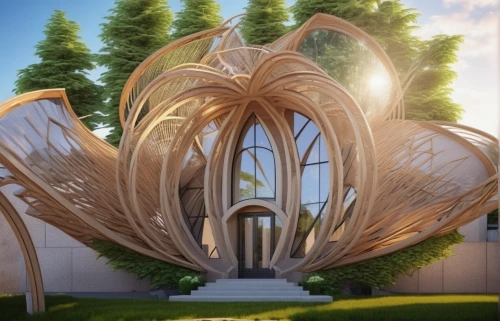 lotus temple,titan arum,futuristic architecture,insect house,lotus pod,steel sculpture,garden sculpture,art nouveau design,frame house,forest chapel,islamic architectural,outdoor structure,eco-construction,wood structure,eco hotel,lotus with hands,strange structure,globe flower,art nouveau,futuristic art museum,Photography,General,Realistic