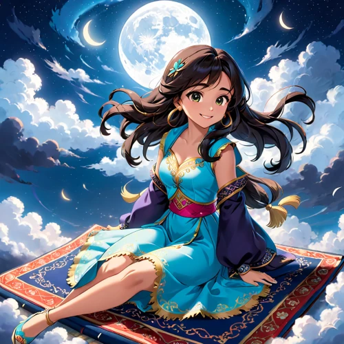 oriental princess,rem in arabian nights,flying carpet,jasmine blue,jasmine,zodiac sign libra,lunar,moon and star background,blue moon rose,jasmine blossom,moonlit,oriental girl,moonlit night,luna,fairy tale character,fantasy picture,stars and moon,sky rose,starry sky,violinist violinist of the moon,Anime,Anime,Traditional