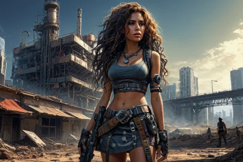 post apocalyptic,lara,girl with gun,wasteland,destroyed city,croft,biomechanical,female warrior,girl with a gun,fallout4,sci fiction illustration,mad max,massively multiplayer online role-playing game,steampunk,game art,raider,post-apocalyptic landscape,huntress,full hd wallpaper,fantasy art
