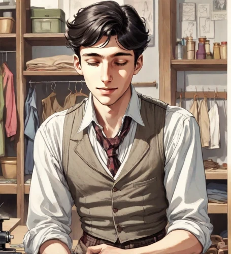 tailor,apothecary,watchmaker,merchant,rowan,chemist,shopkeeper,craftsman,newt,butler,male character,sweater vest,konstantin bow,young man,main character,bicycle mechanic,shoeshine boy,vintage boy,game illustration,peter i